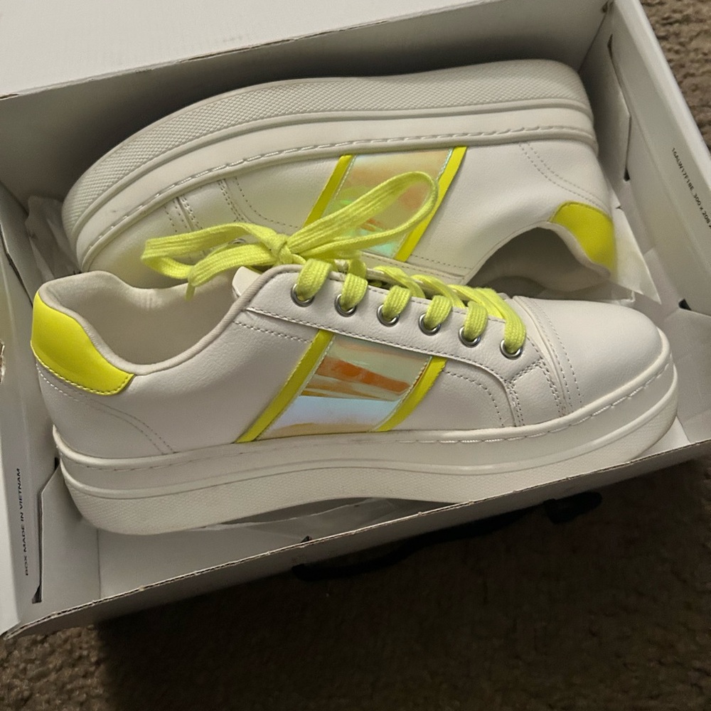 Aldo White and Neon Yellow Sneakers
